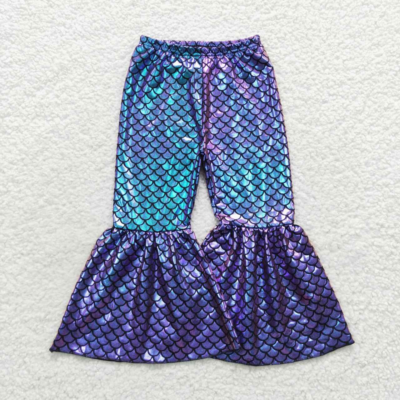 P0248 satin fish scale fish pattern gilding girl purple blue bell bottom long girl pants 20230804 RTS