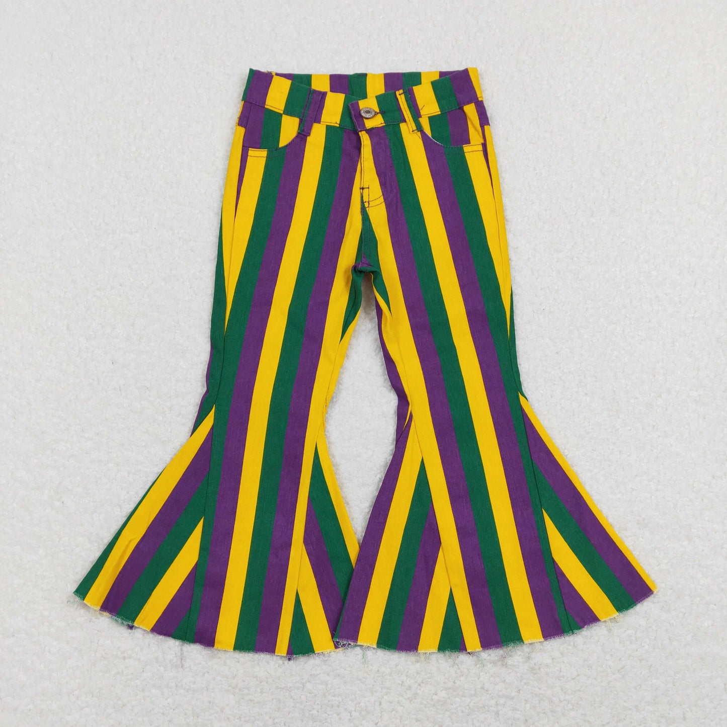 P0327 Mardi Gras green purple yellow stripes bell kids girl denim jeans RTS 202401