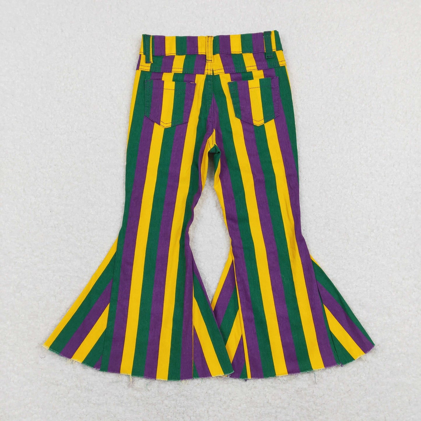 P0327 Mardi Gras green purple yellow stripes bell kids girl denim jeans RTS 202401