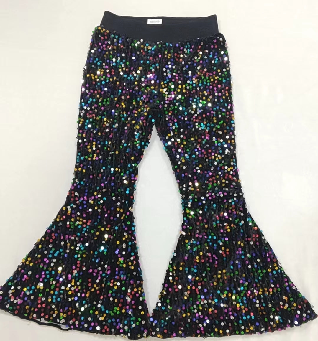 P0329 girl bell bottom black colorful sequin long pants