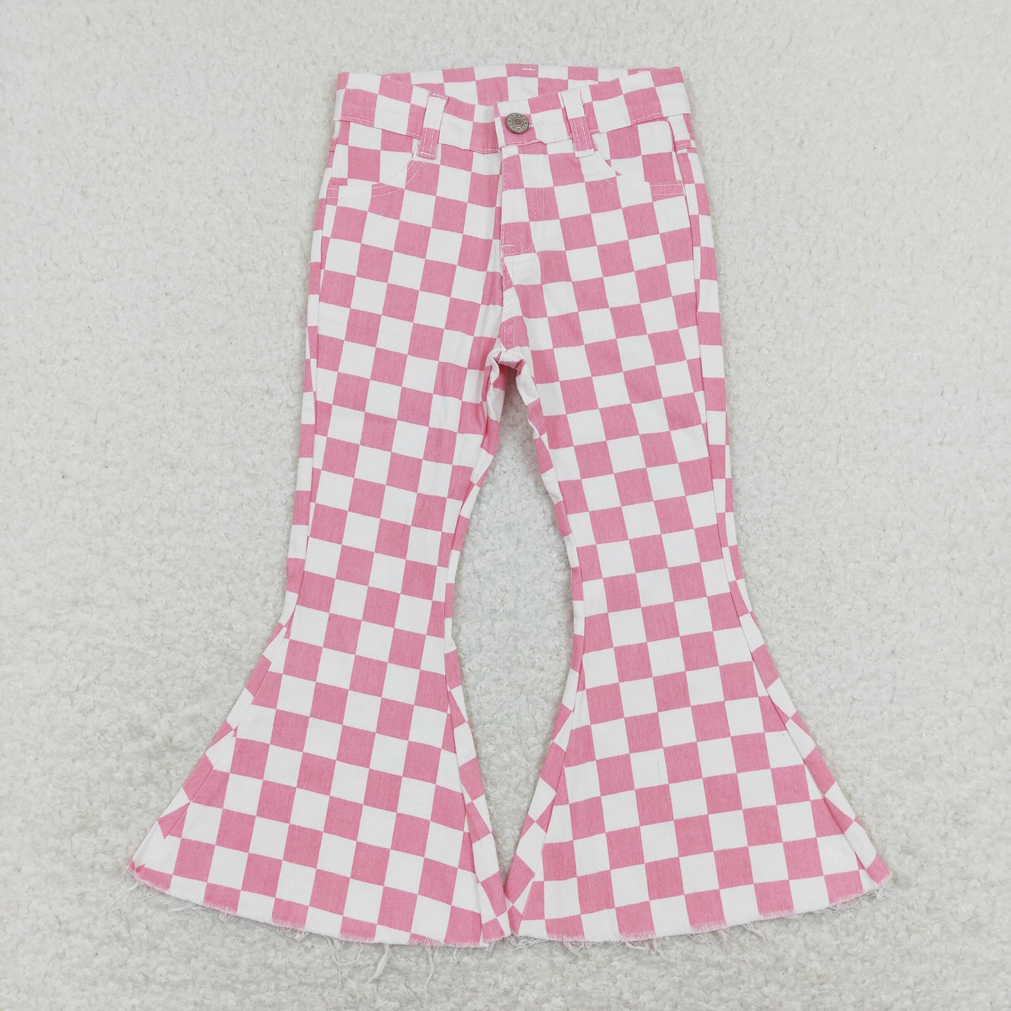 P0348 western checkerboard stripe buttons zip up jeans girl kids denim jeans bell pants 202401 RTS