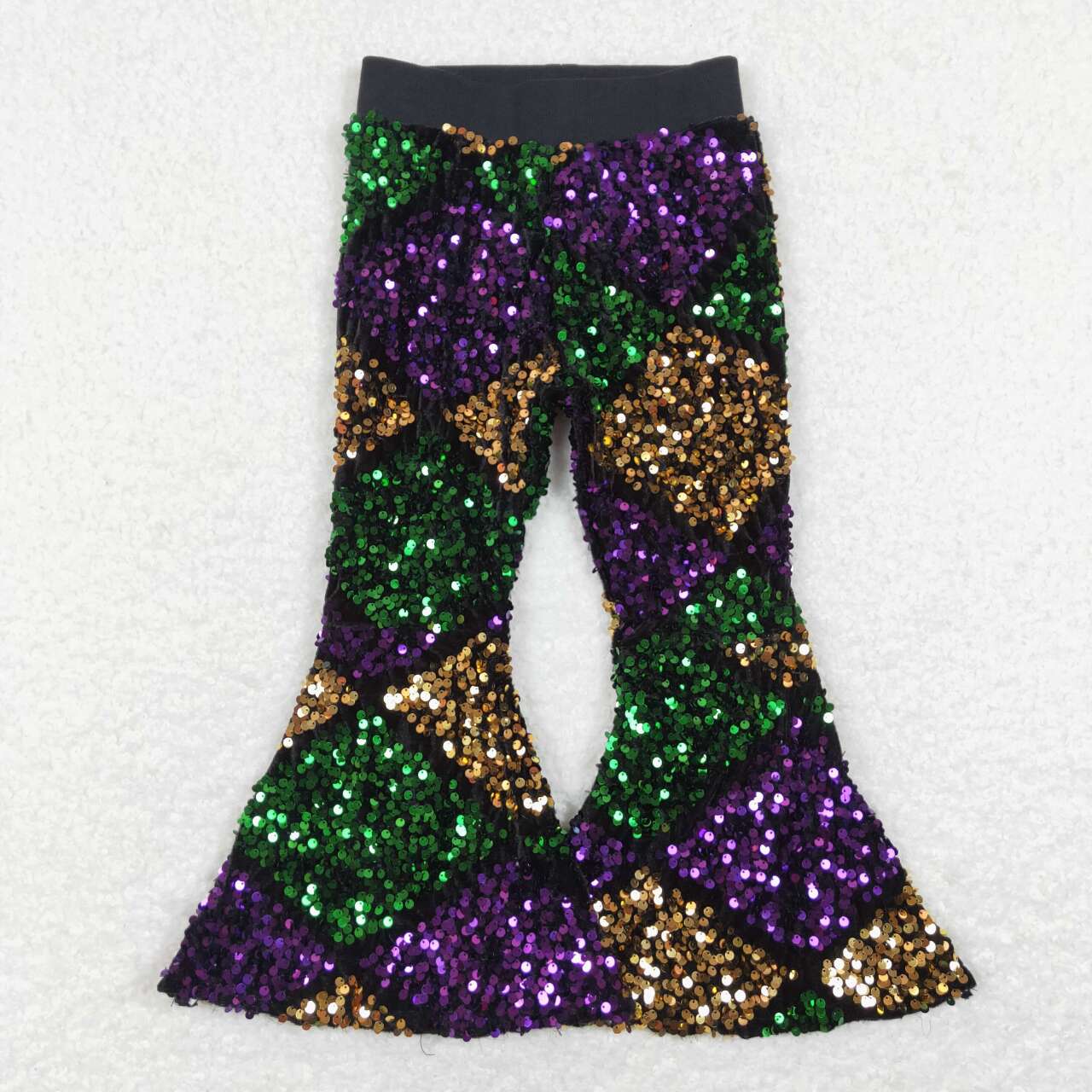 P0359 Mardi gras girl bell bottom purple green golden colorful sequin long pants RTS Free shipping order $100+