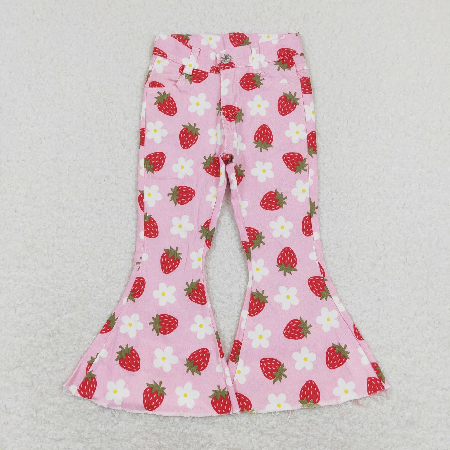 P0396 western checkerboard strawberry buttons zip up jeans girl kids denim jeans bell pantsRTS Free shipping order $100+