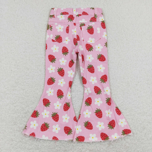 P0396 western checkerboard strawberry buttons zip up jeans girl kids denim jeans bell pantsRTS Free shipping order $100+