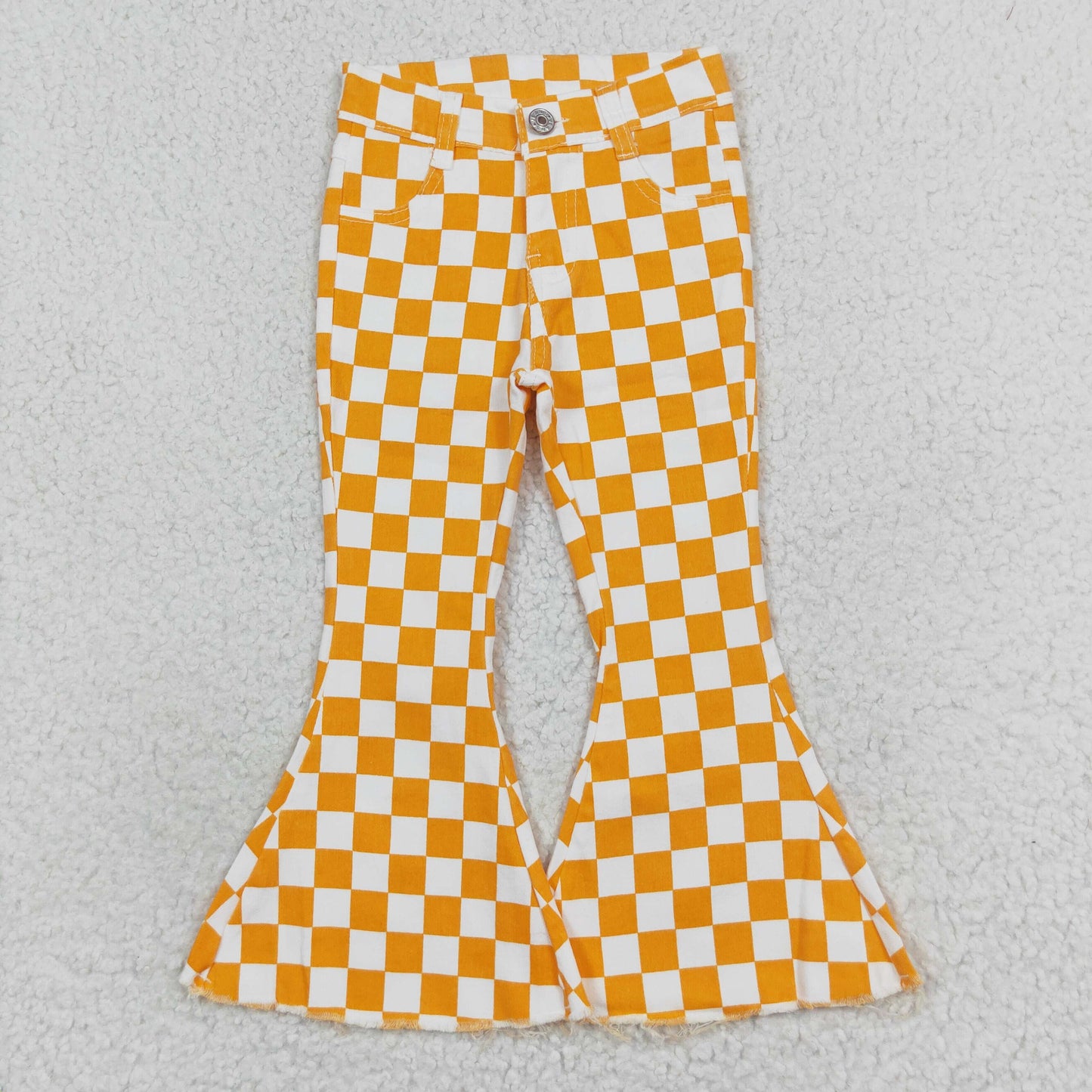 P0468 jeans yellow checkerboard kids girl bell long pants RTS Free shipping order $100+