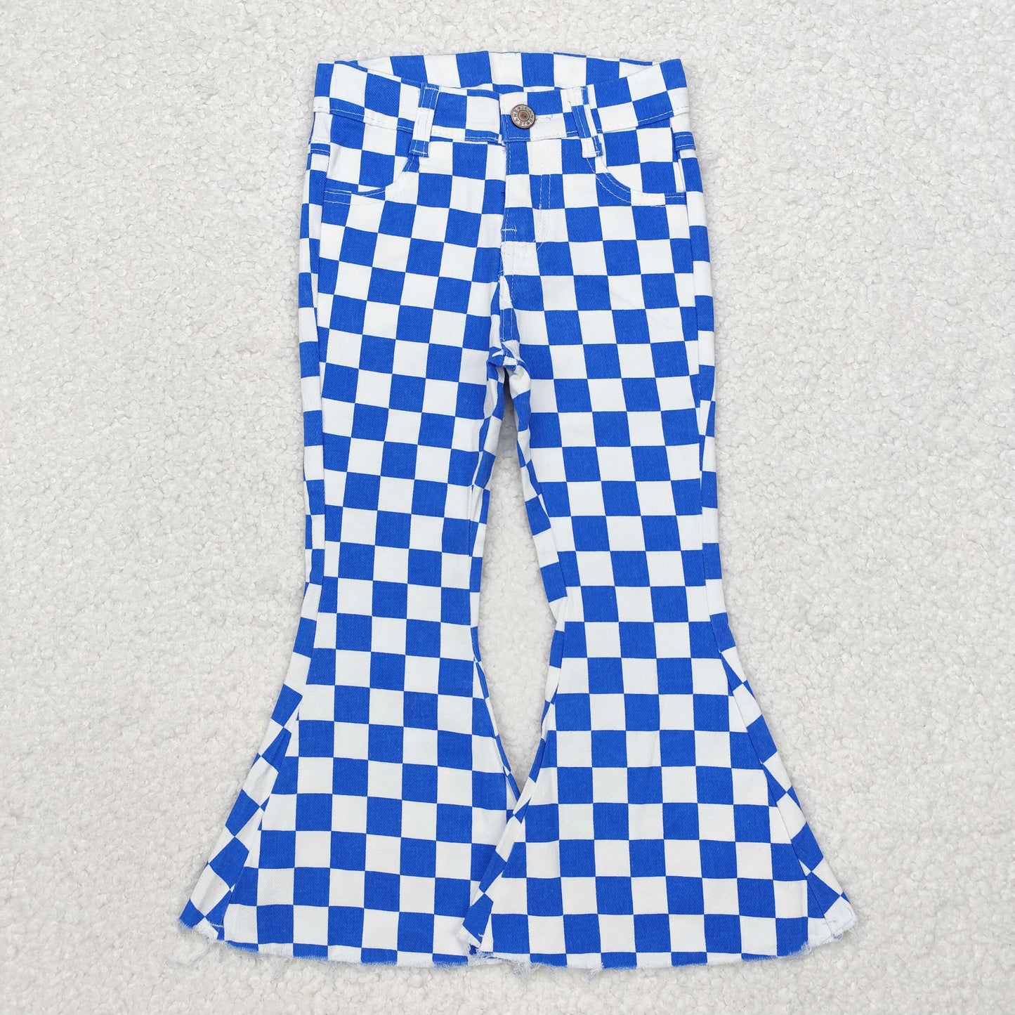 P0610 jeans blue checkerboard kids girl bell long pants RTS Free shipping order $100+
