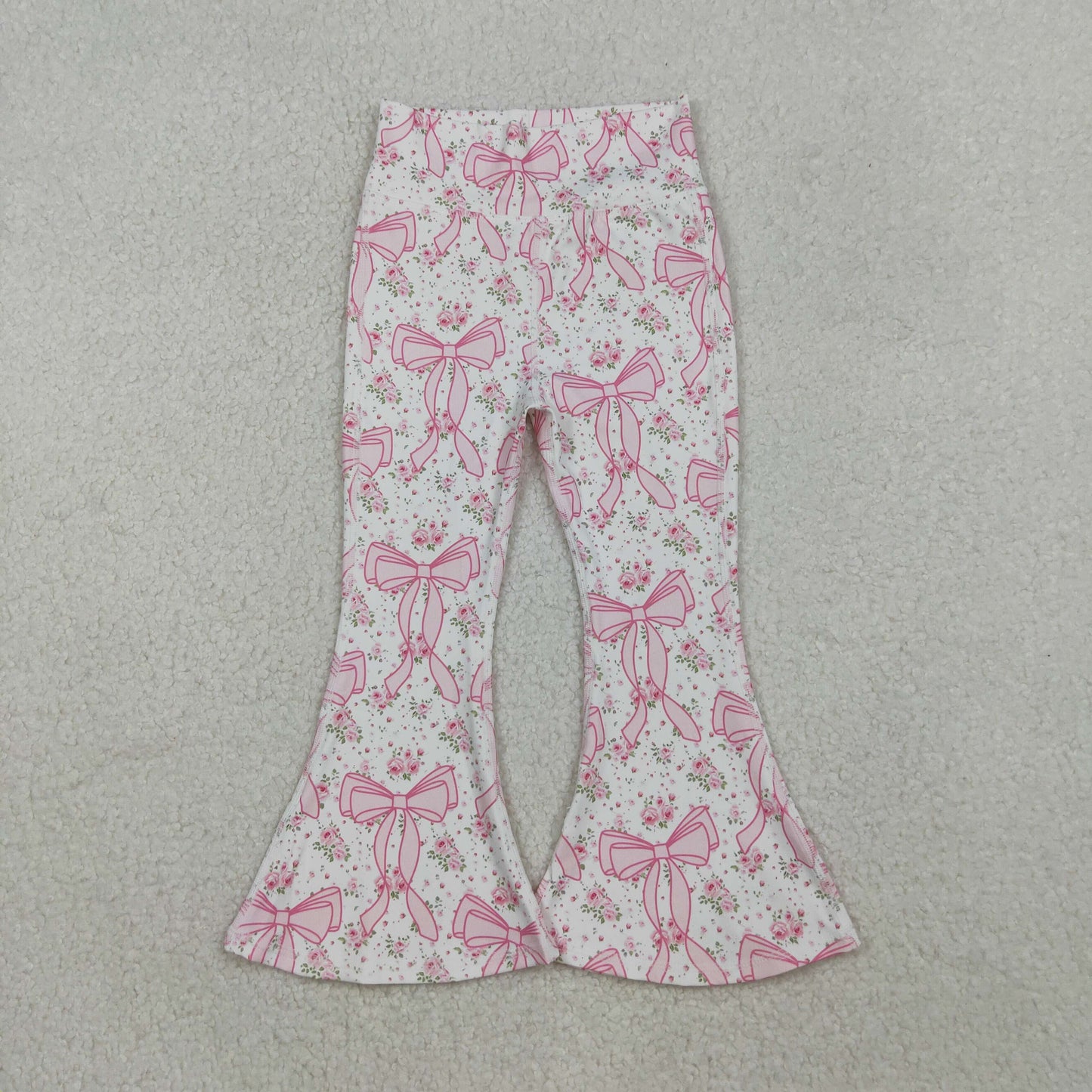 P0773 yoga bow pink flowers girl bell bottom long pants 202510 RTS