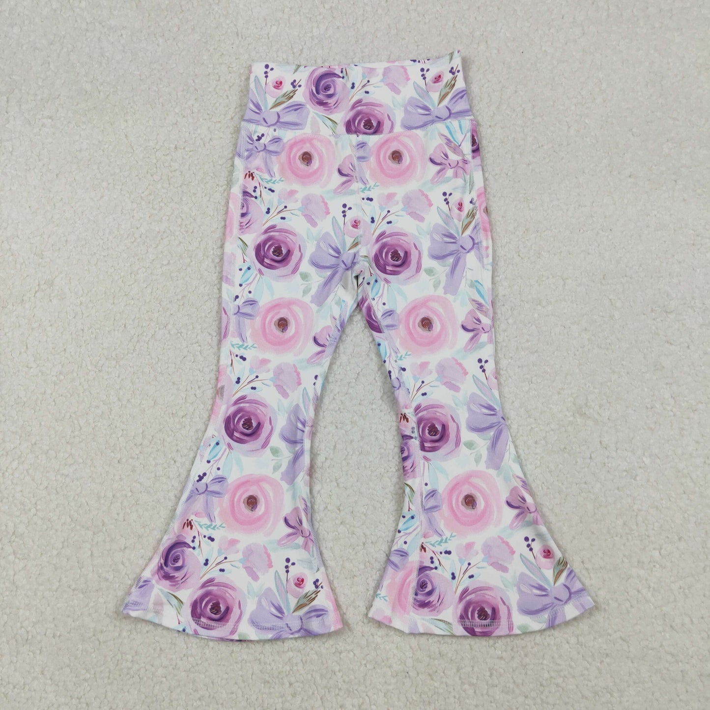 P0774 yoga bow pink flowers girl bell bottom long pants 202509 RTS
