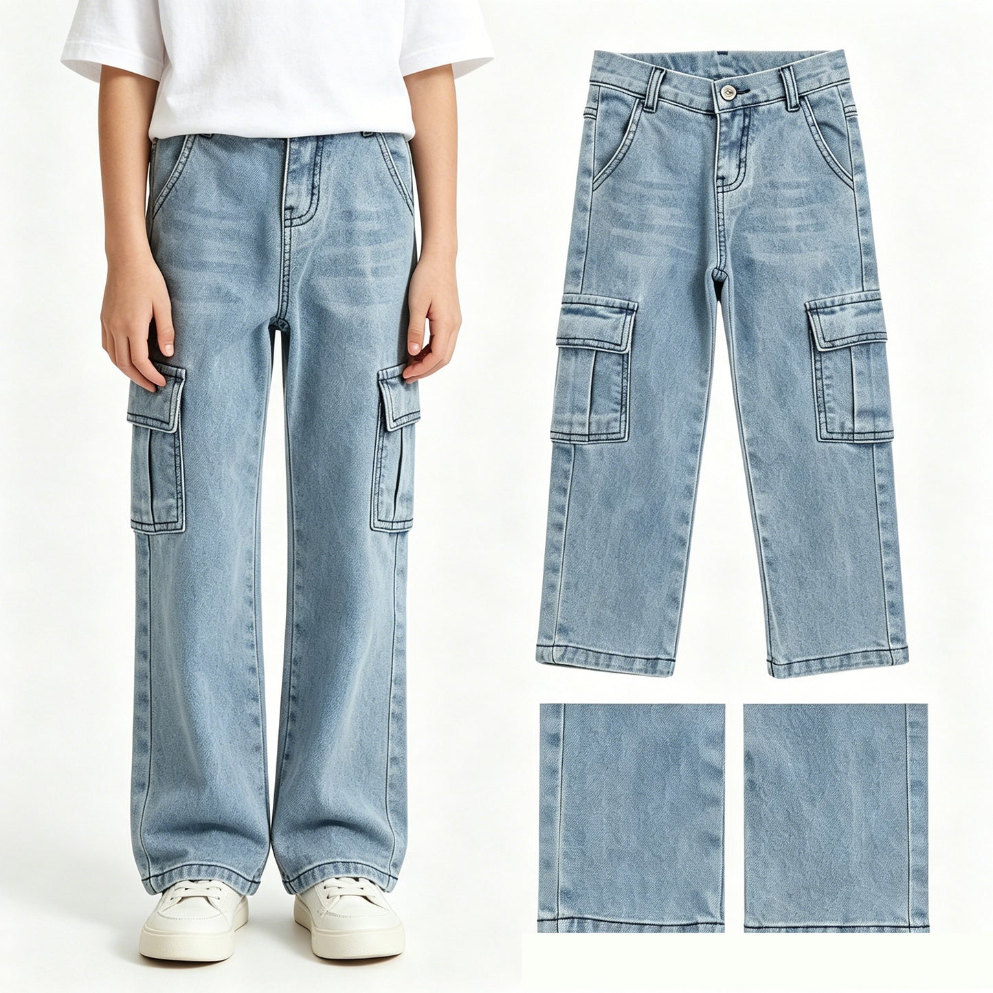 P1049 Boys girls Multi Pocket Cargo Denim Pants 20260630 RTS