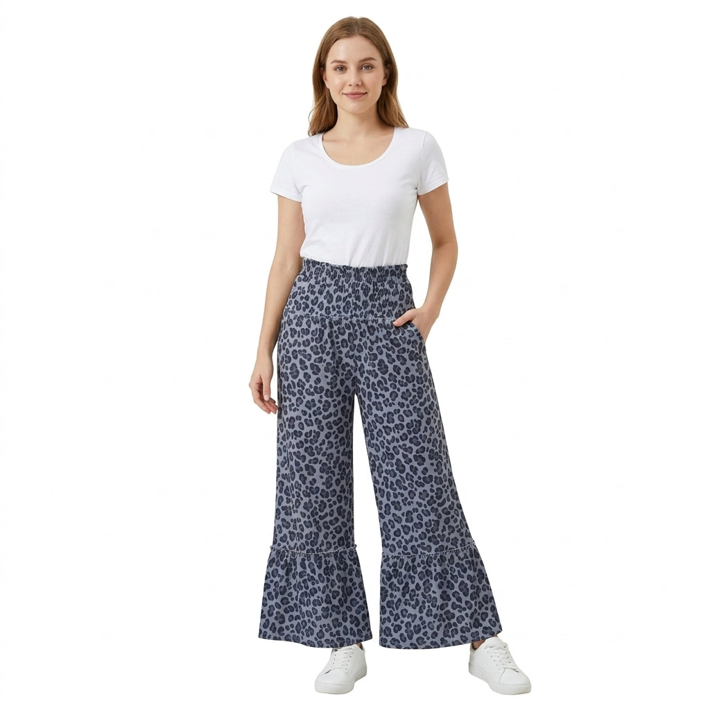NO MOQ RTS P1052-women-yoga Women Clothes Blue Leopard Print Elastic Waist Ruffle Hem Flare Bell Bottom Pants 202610
