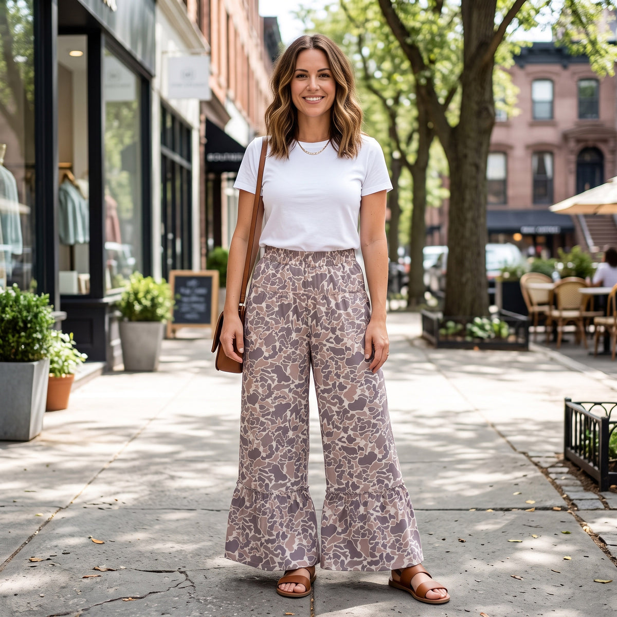 NO MOQ RTS P1053(1) women Clothes Taupe Camo Full Print Long Ruffle Wide Leg Pants 202609