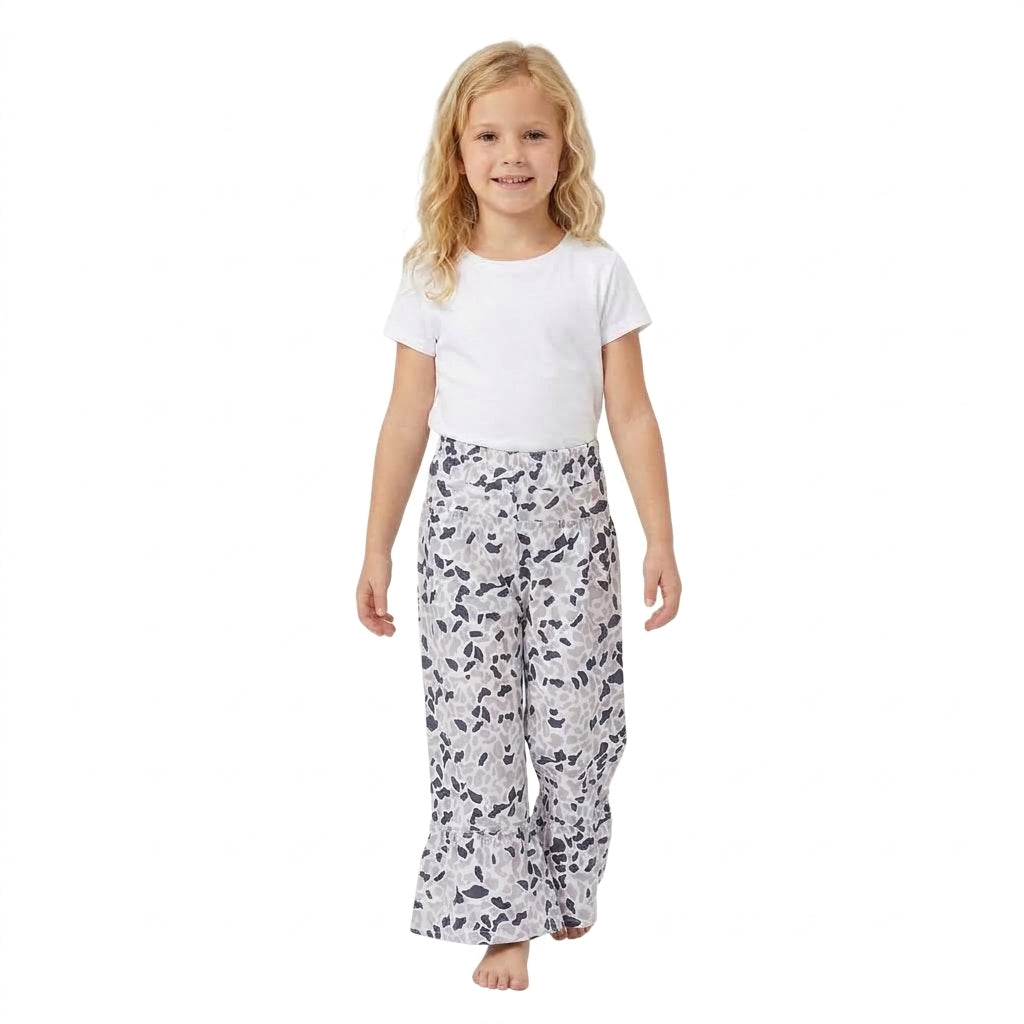 NO MOQ RTS P1054 (2) Baby Girl Clothes White Gray Blue Cow Spot Print Ruffle Hem Wide Leg Pants 202609