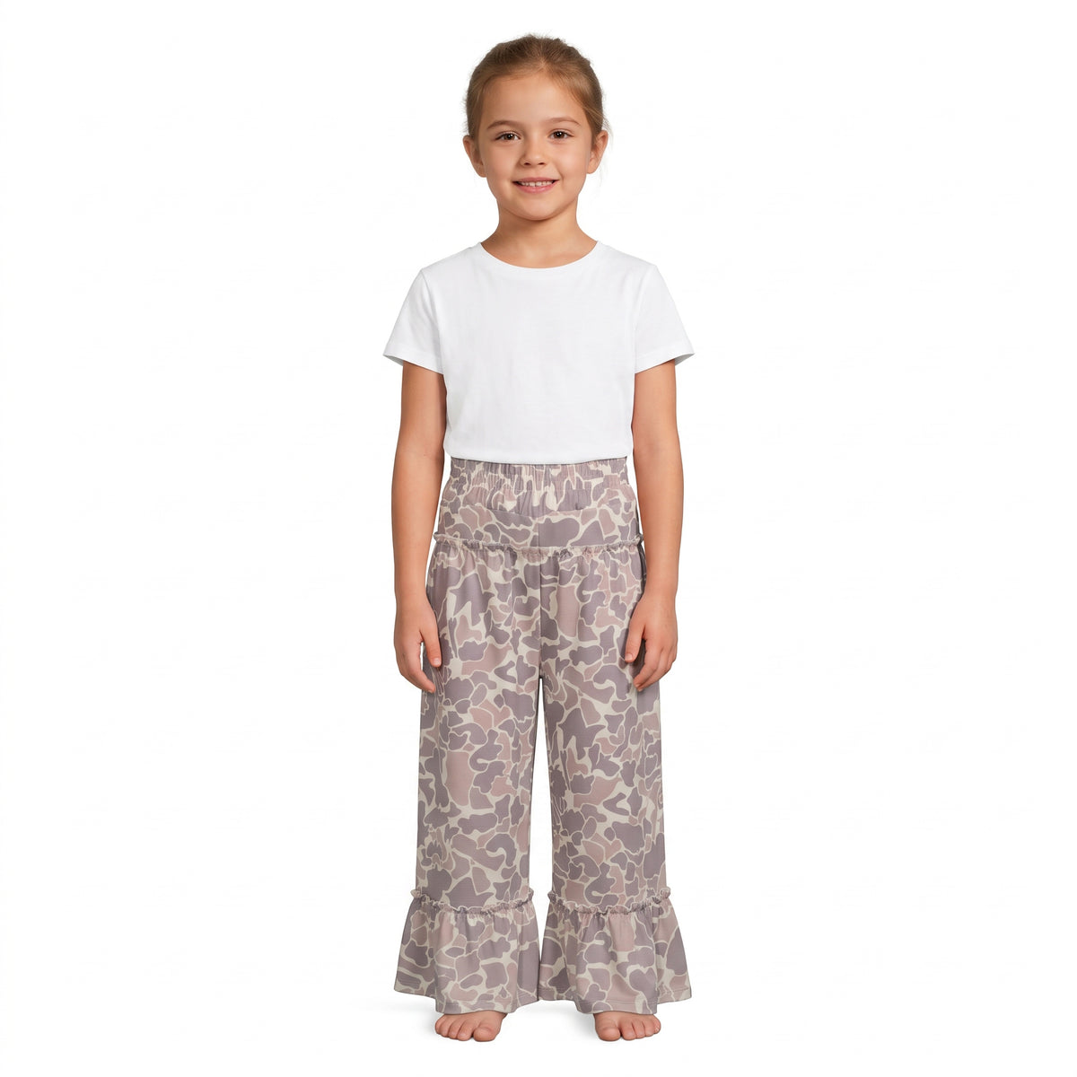 NO MOQ RTS P1056(1)-yoga Baby Girl Clothes Taupe Camo Full Print Ruffle Capri Flare Pants 202609