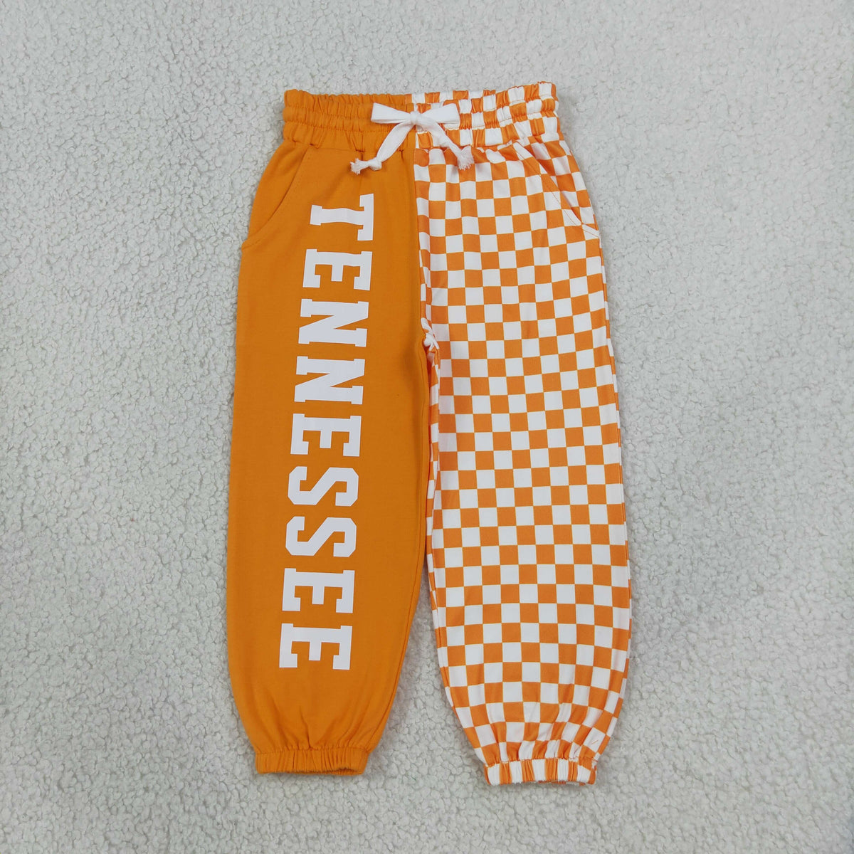 NO MOQ RTS P1058-vinyl Baby Girl Clothes Tennessee Letter Orange White Checkerboard Print Long Jogger Pants