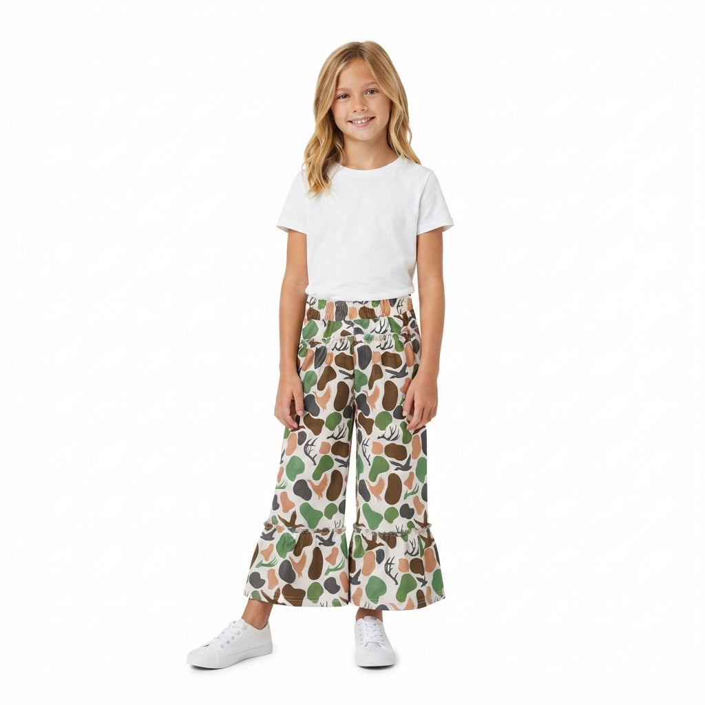 NO MOQ RTS P1065 (2) Baby Girl Clothes Deer Antler Camo Print Long Ruffle Flare Pants 202609