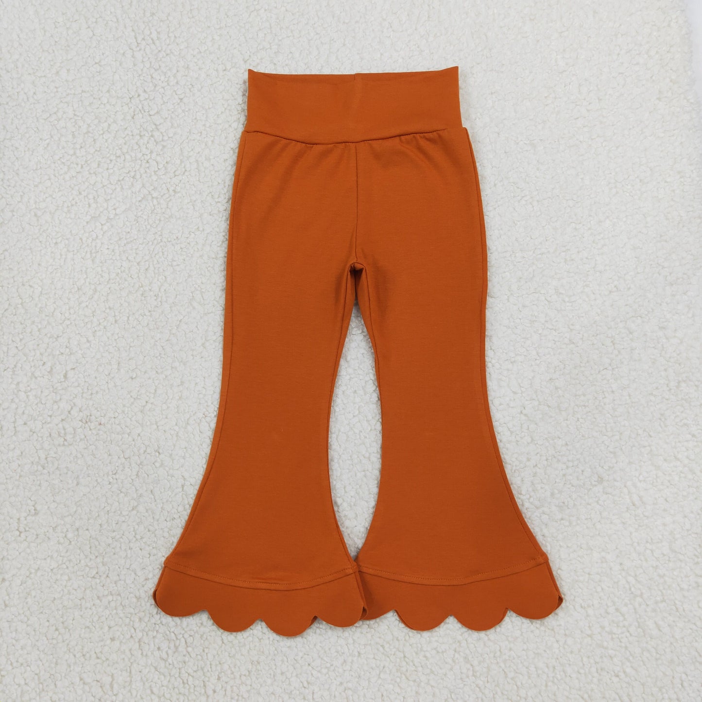 RTS P1083 Burnt Orange Scallop Flare Pants for Girls – Wavy Hem Bell Bottom Soft Stretch Pants