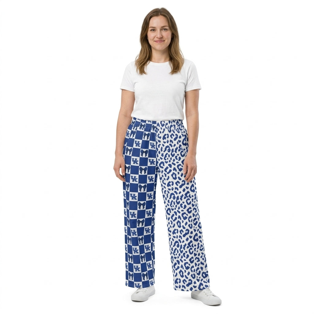 NO MOQ RTS P1114-women (2) Kids Clothes Blue White Checkerboard Bow Split Blue Leopard Wide Leg Pants 202609