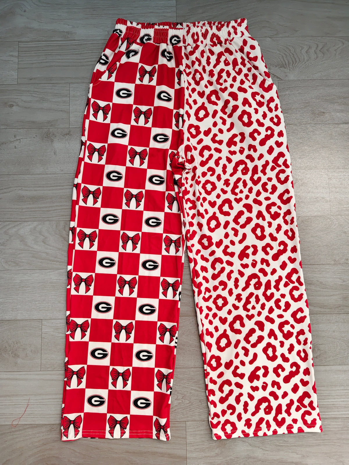 Sample-Real Pics P1118 women Clothes Red Check Leopard Bow Mixed Print Long Wide Leg Pant