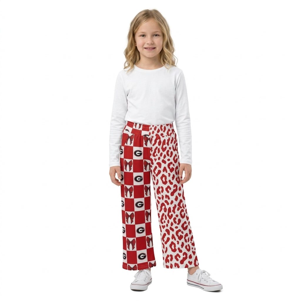 NO MOQ RTS P1126 (2) Kids Clothes Red White Checkerboard Bow Split Red Leopard Wide Leg Pants 202609