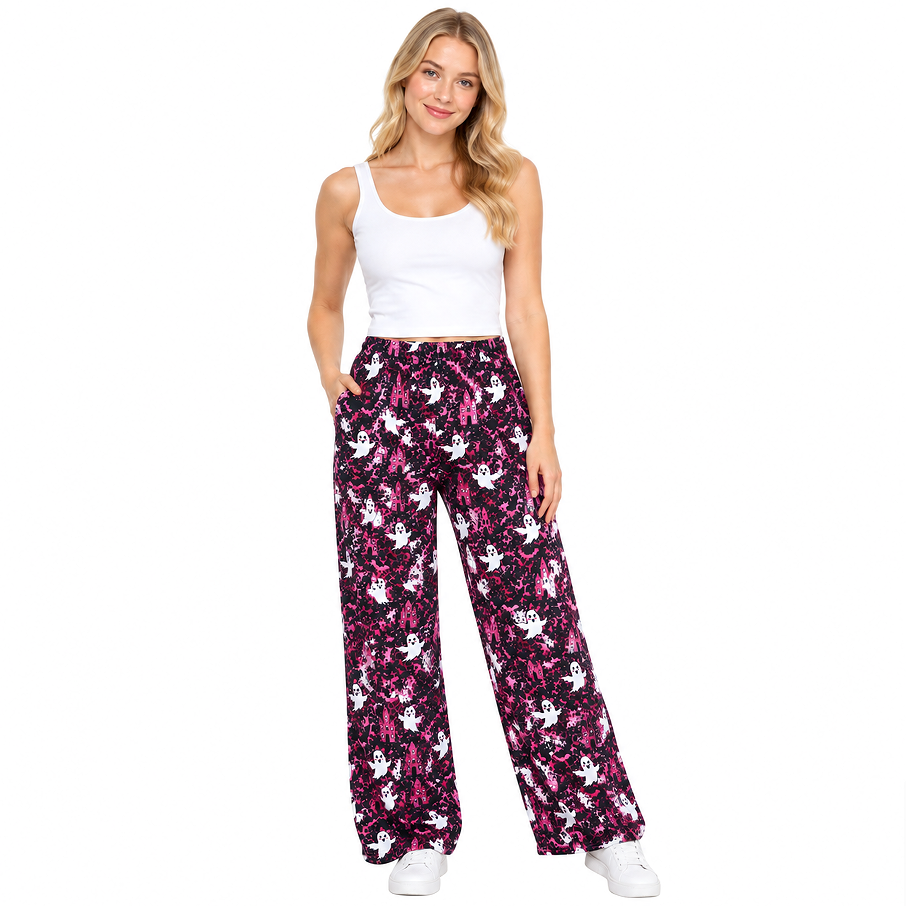 NO MOQ RTS P1130-women (2) women Clothes Halloween Ghost Castle Leopard Print Long Straight Pants 202609