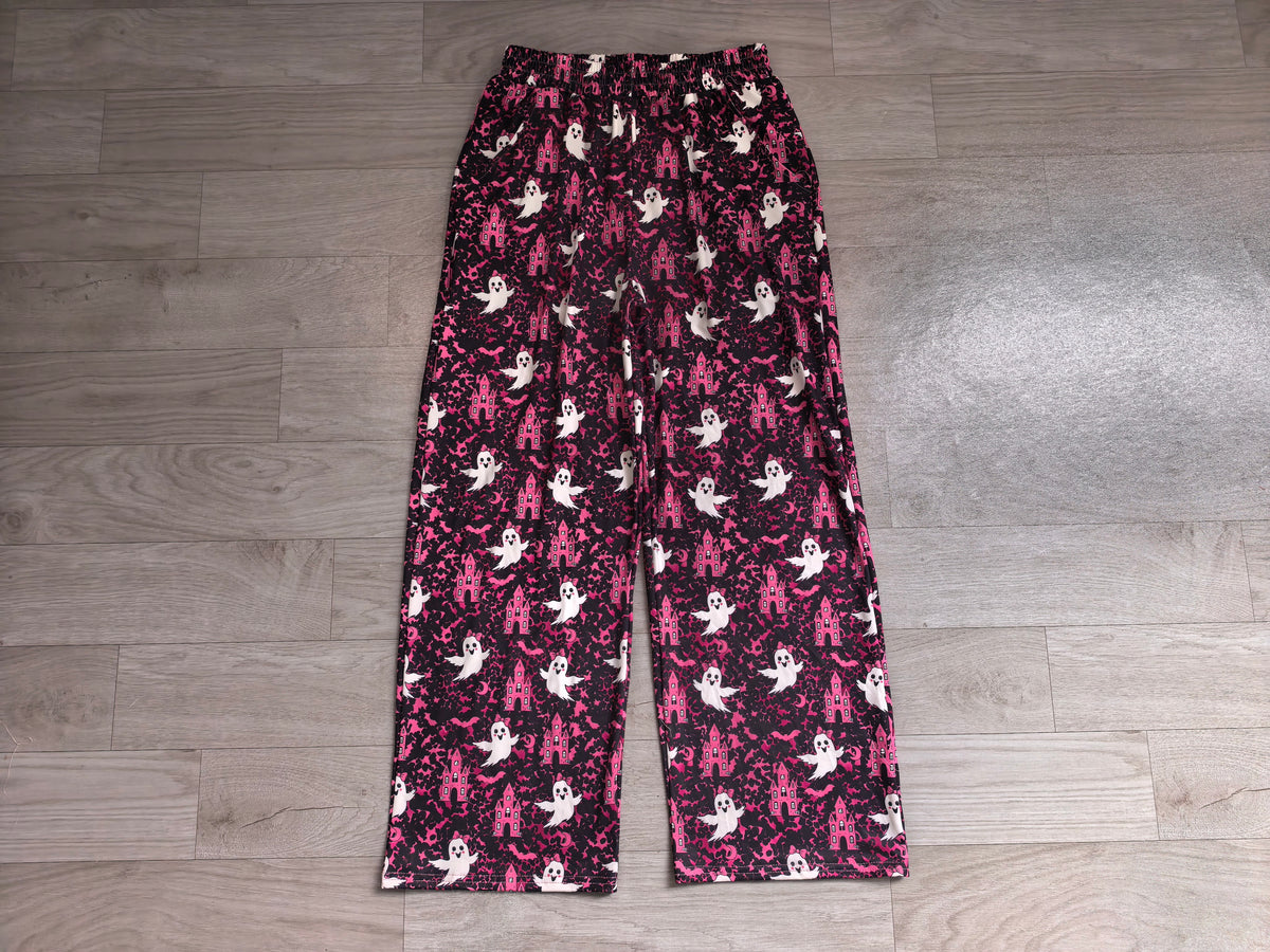 Sample-Real Pics P1130 women Clothes Halloween Ghost Castle Mixed Print Long Wide Leg Pants