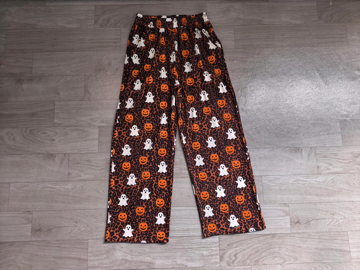 Sample-Real Pics P1131 women Clothes Halloween Ghost Pumpkin Leopard Mixed Print Long Wide Leg Pants