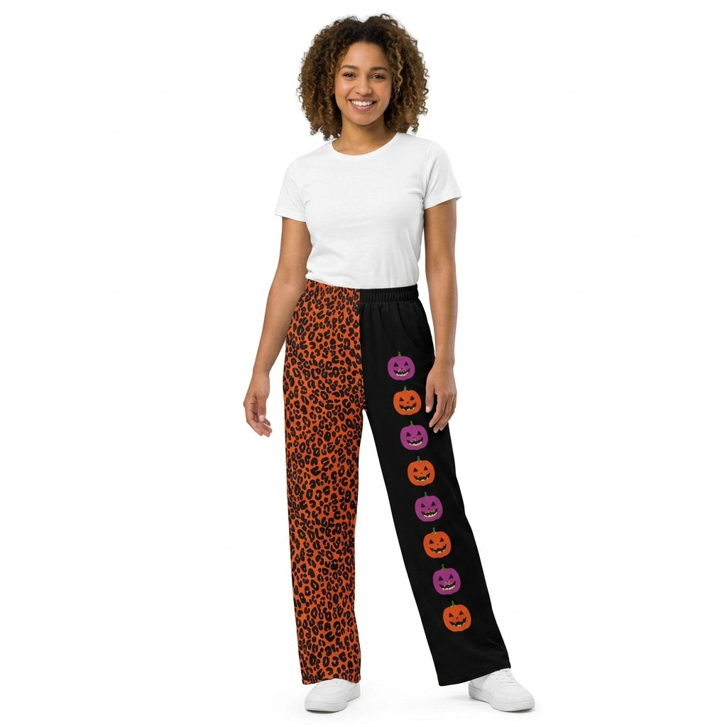 NO MOQ RTS P1132-women (2) Women Clothes Orange Leopard Pumpkin Face Split Print Long Pants 202609