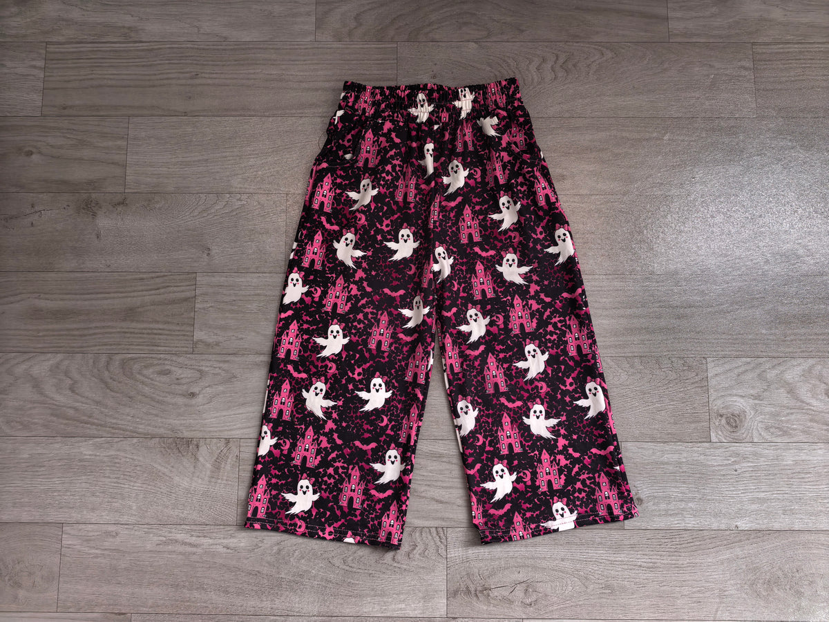 Sample-Real Pics P1134 Baby Girl Clothes Halloween Ghost Pumpkin Leopard Mixed Print Long Wide Leg Pants