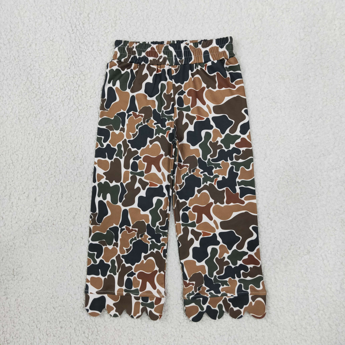 NO MOQ RTS P1145-scallop Baby Girl Clothes Retro Camo Print Long Scalloped Hem Pants 202610