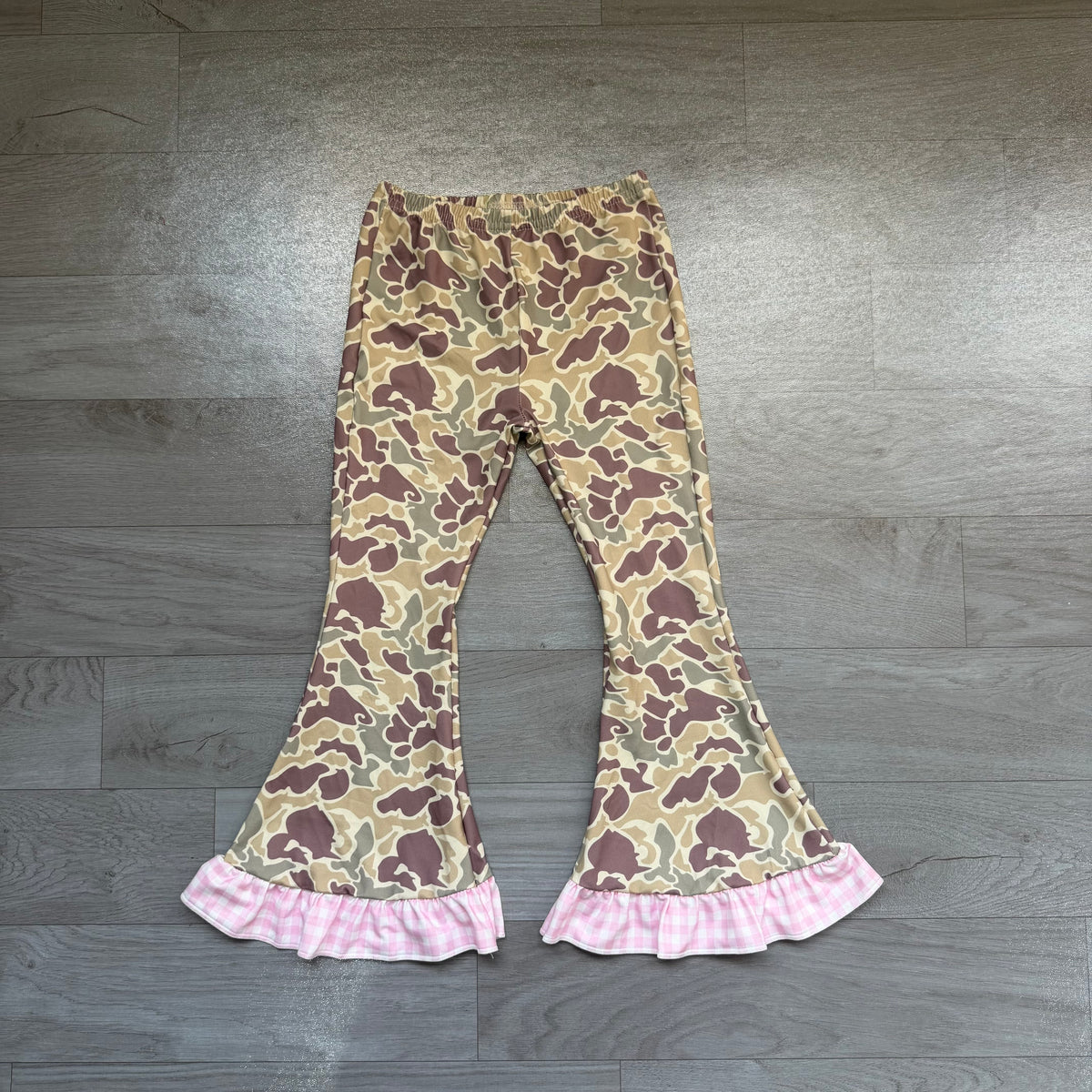Sample-Real Pics P1183 Baby Girl Clothes Camo Mixed Print Ruffle Hem Flare Bell Bottom Pants