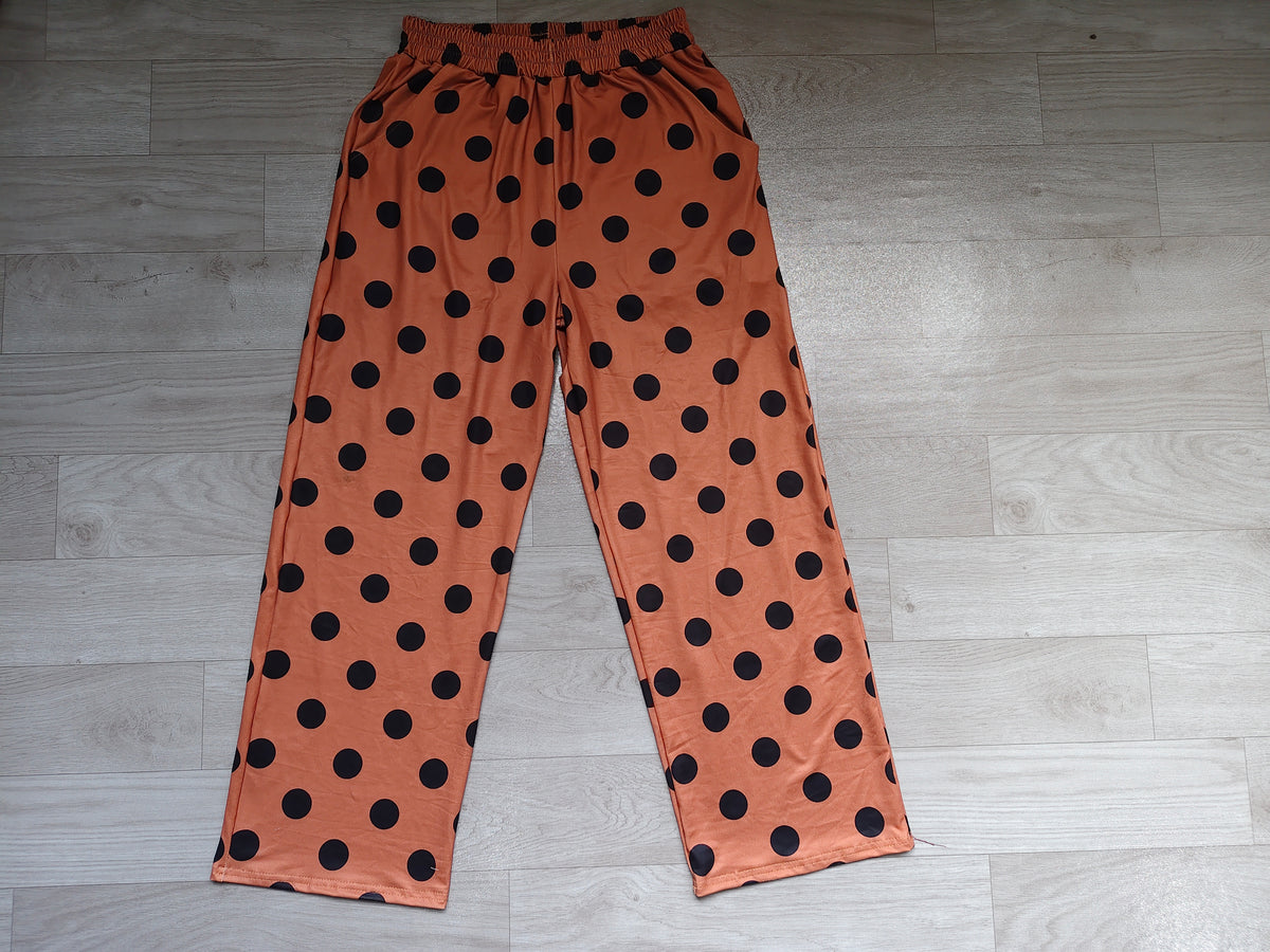 Sample-Real Pics P1250 Adult Women Clothes Brown Black Polka Dot Print Long Wide Leg Pants