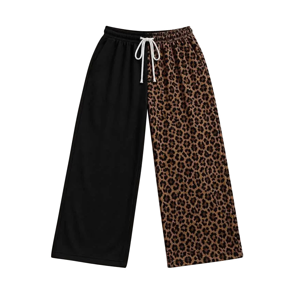 Preorder (moq 5) P1268 Women Clothes Black Leopard Splicing Print Long Sleeve Wide Leg Pants