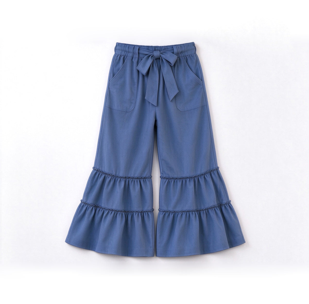 Preorder (moq 5) P1269 Baby Girl Clothes Solid Blue Bow Decor Solid Print Long Sleeve Tiered Flare Pants