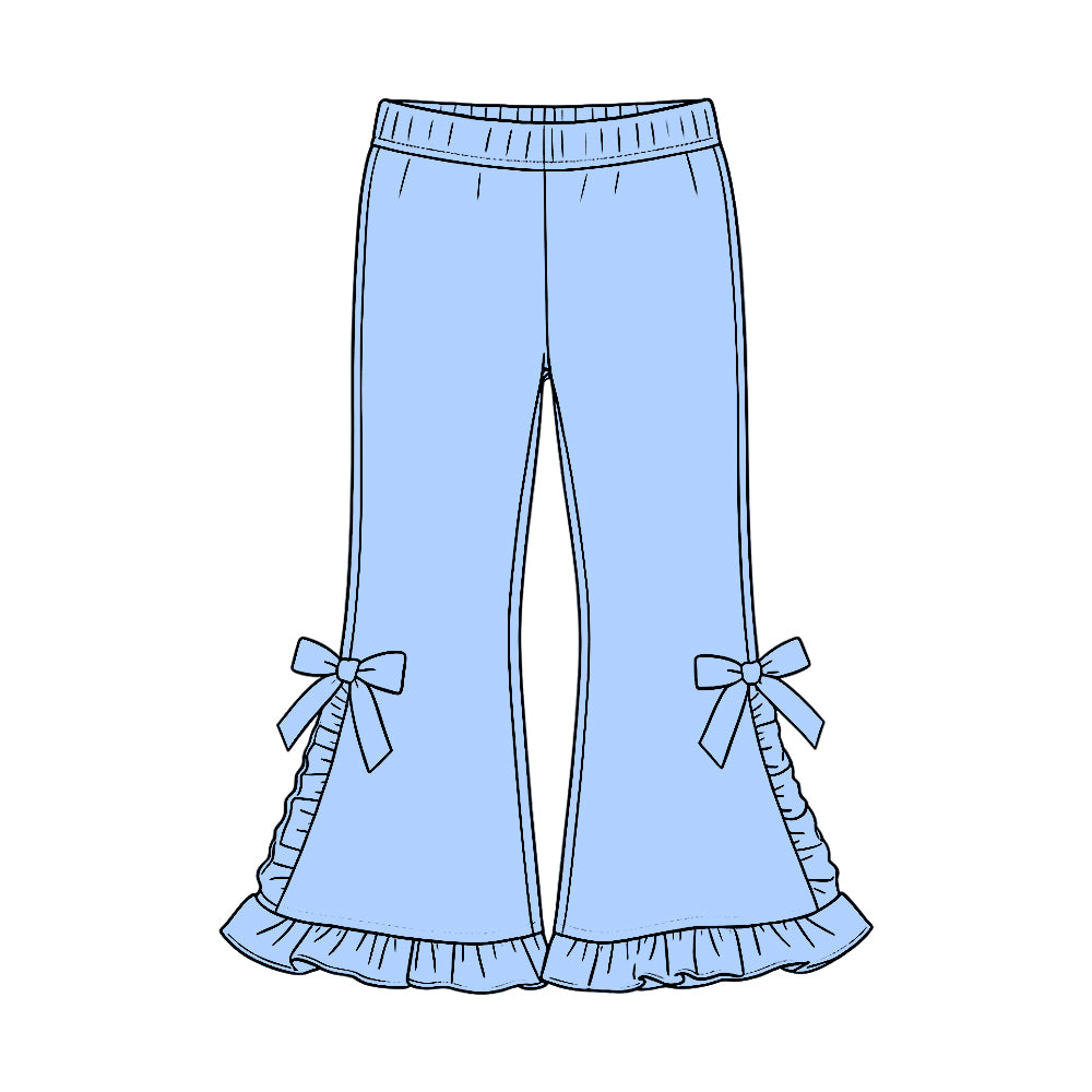 Preorder (moq 5) P1270 Baby Girl Clothes Solid Light Blue Bow Ruffle Long Sleeve Flare Pants