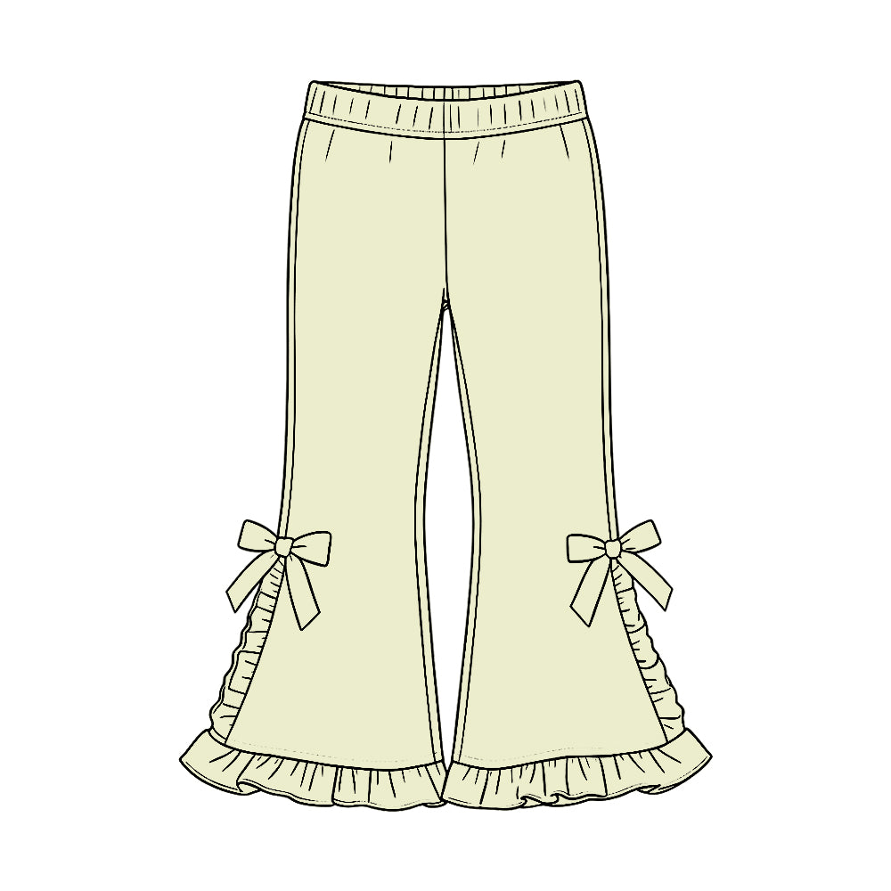 Preorder (moq 5) P1272 Baby Girl Clothes Solid Cream Bow Ruffle Long Sleeve Flare Pants