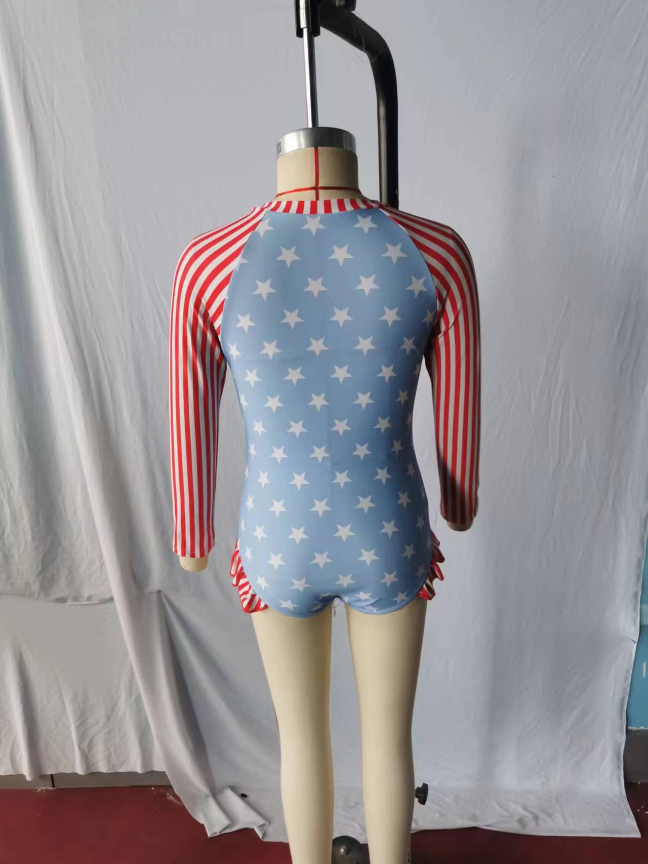 custom MOQ3   S0190 4TH July blue red stripe girl swim suit swimwear