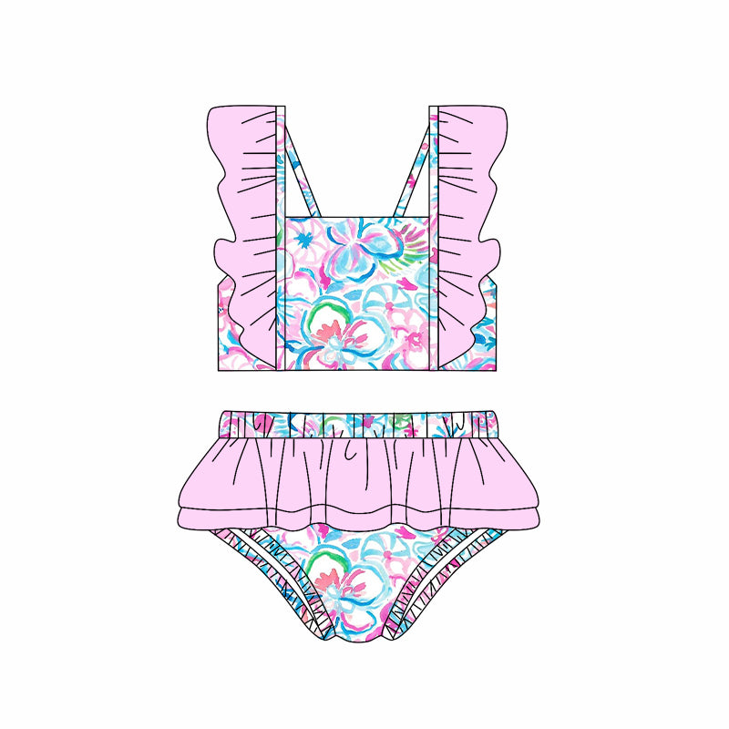 S0521 flowers ruffles short sleeve swimware swimsuit 202501 preorder