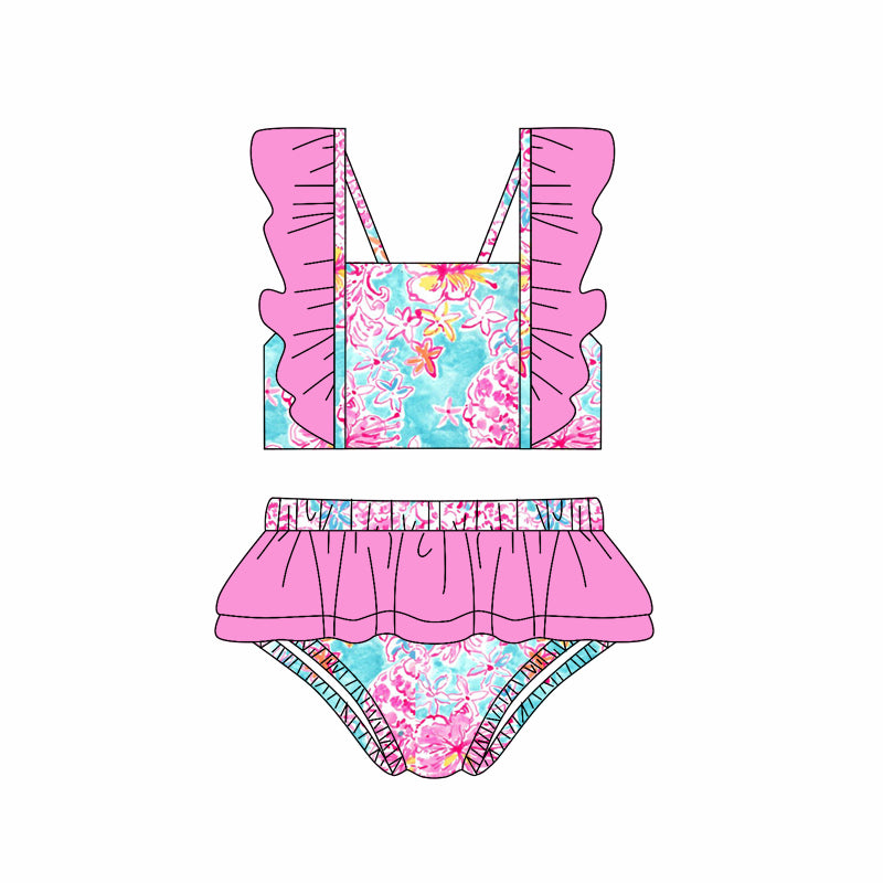 S0522 flowers ruffles short sleeve swimware swimsuit 202501 preorder(