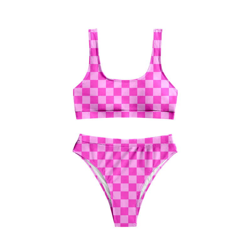 S0555改--S0559 checkerboard hot pink adult swimwear 202406