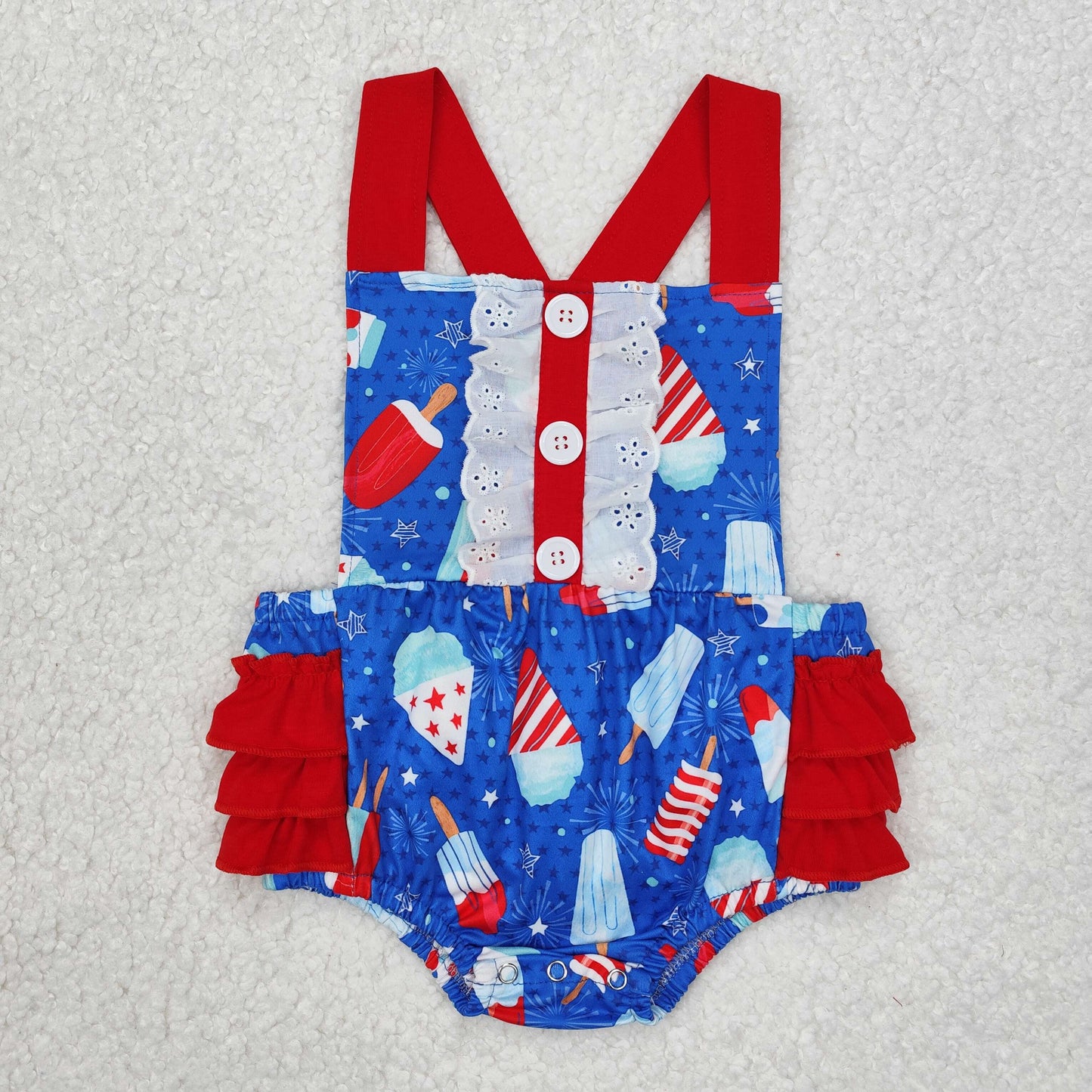 4th july blue ice popsicle print sun-top red ruffles shorts girl romper 202412 RTS