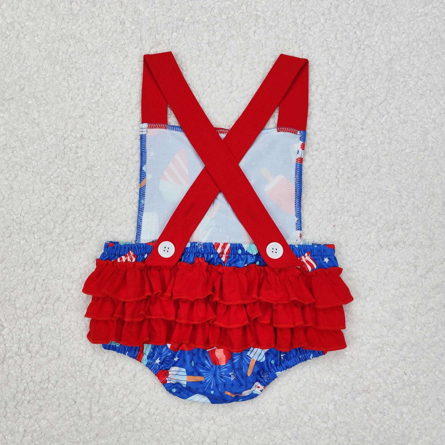 4th july blue ice popsicle print sun-top red ruffles shorts girl romper 202412 RTS