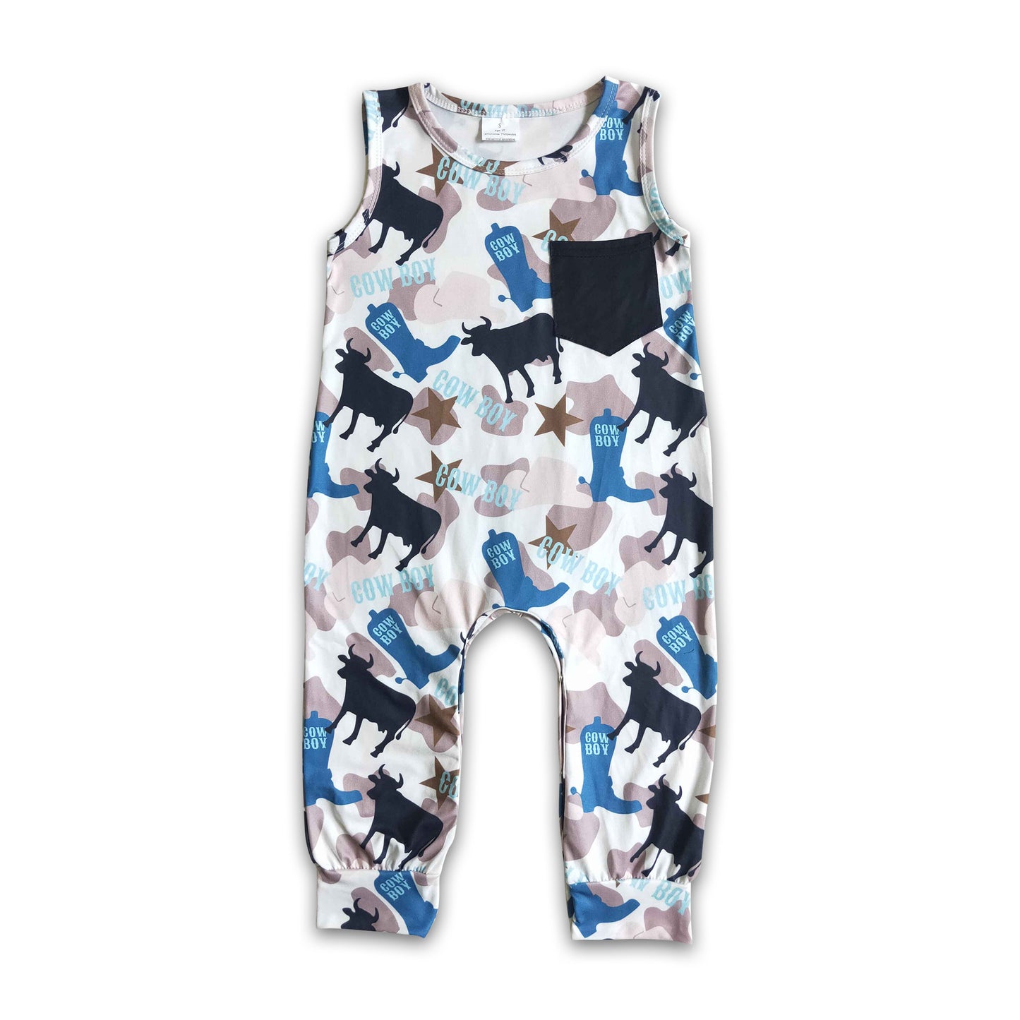 promotion SR0072 RTS summer western cowboy print sleeveless pocket boy romper