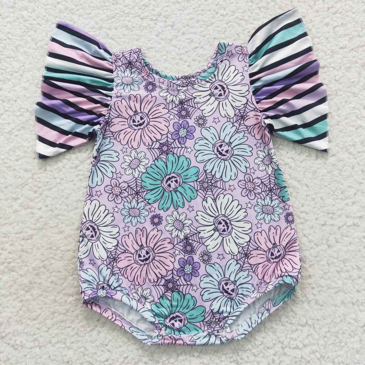 SR0431 purple flower short sleeve green boy girl zipper romper 20230823 RTS
