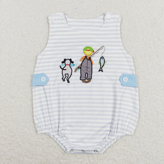 SR0644 fishing embroidery dog boy romper  RTS Free shipping order $100+