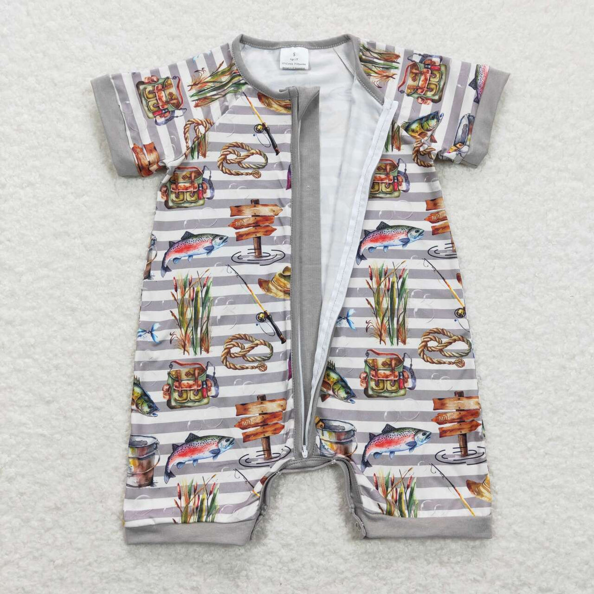 NO MOQ RTS SR0842 Baby Boy Clothes Fishing Fish Stripe Print Short Sleeve Zipper Romper 202610