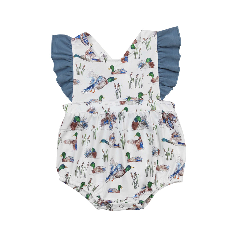 NO MOQ RTS SR0893 Baby Girl Clothes Wild Duck Watercolor Print Sleeveless Ruffle Strap Bubble Romper 202610