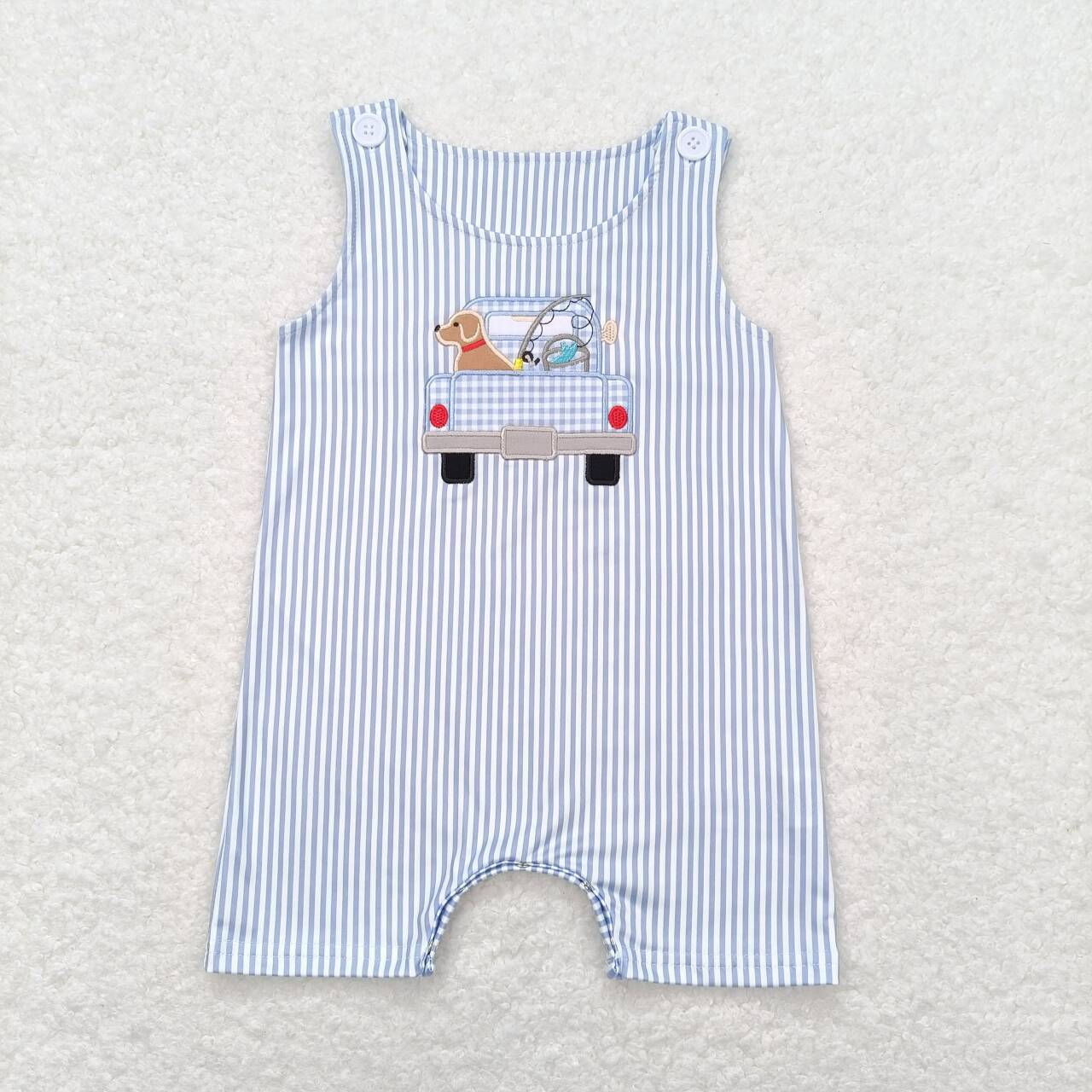 SR1170 dog fishing boy romper 202405 RTS Embroidery sibling