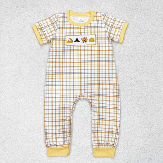 SR1869 embroidery little turkey pumpkin boy romper 202406 RTS