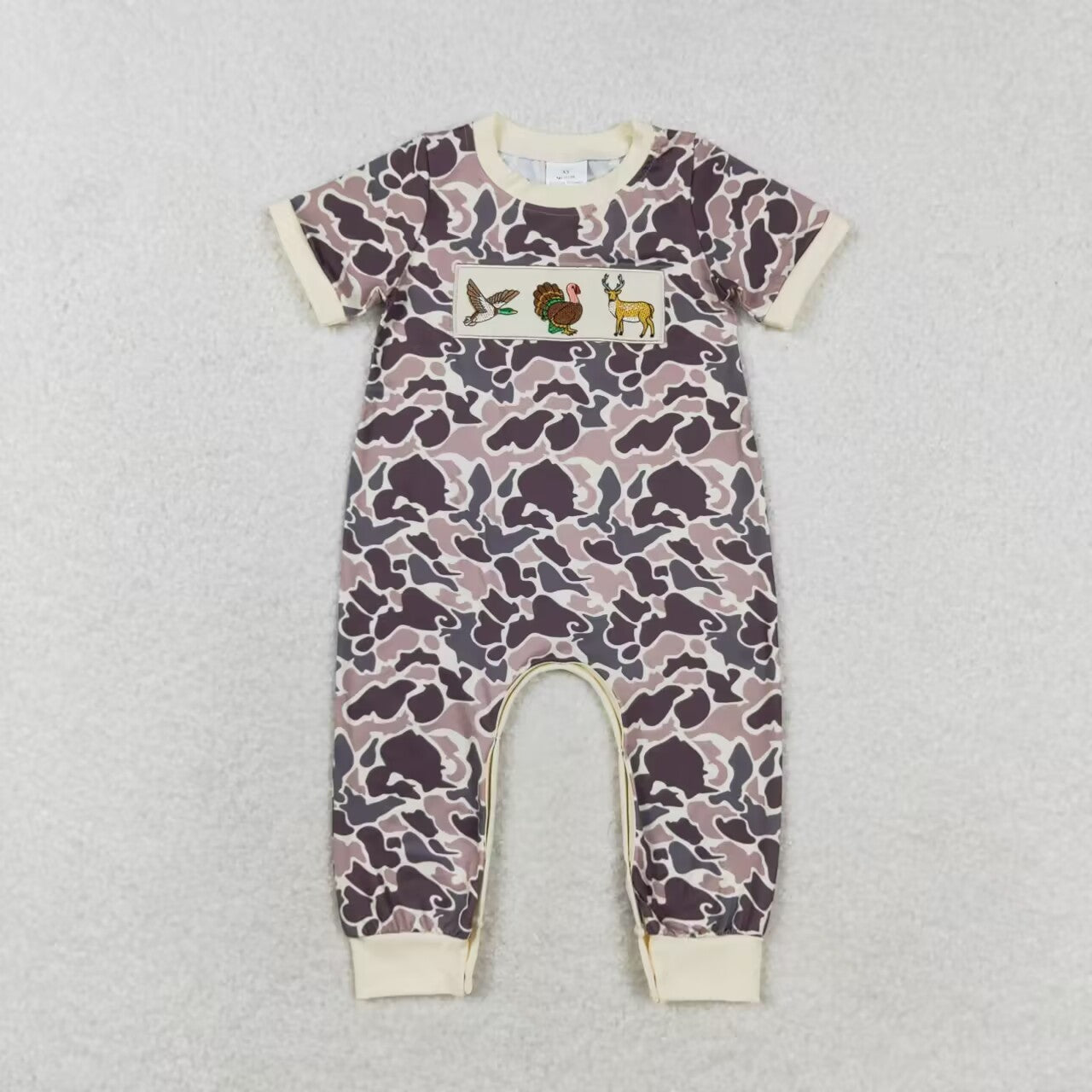 duck deer turkey camo embroidery sibling SR1901 boy romper 202408 RTS