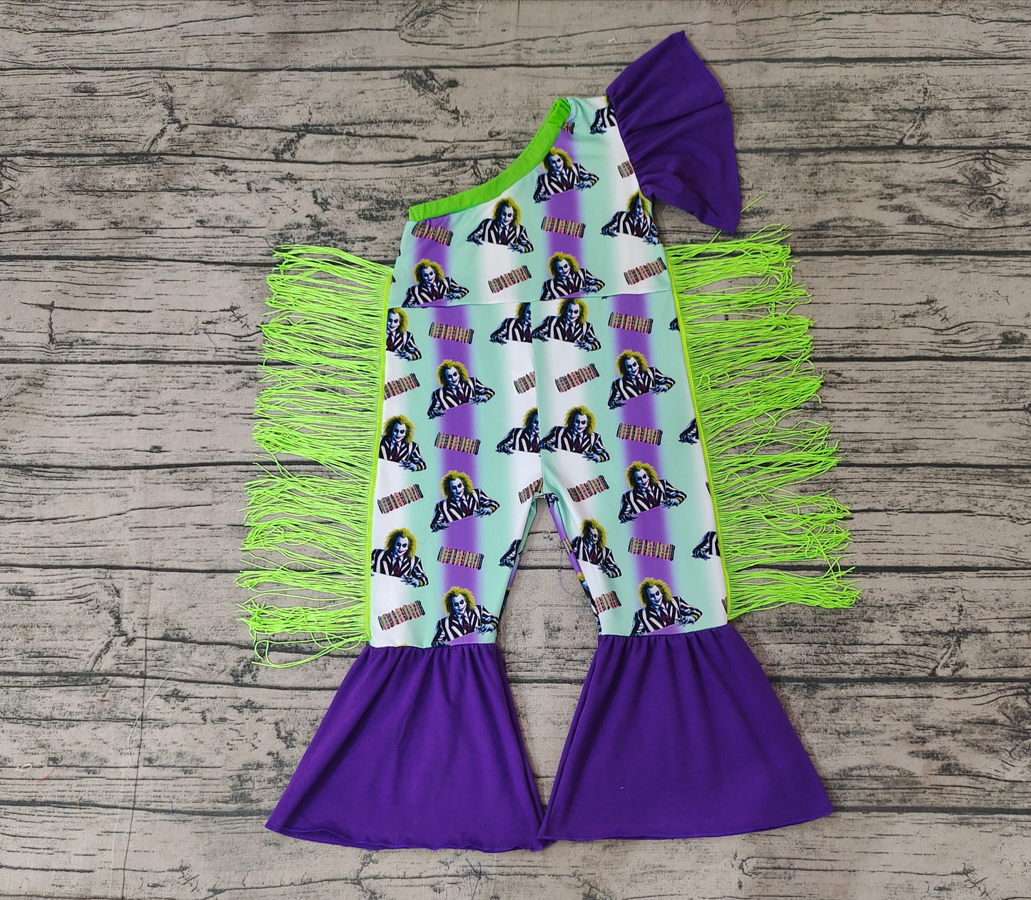 SR1944 Halloween purple green tassel sibling girl romper 202410 RTS